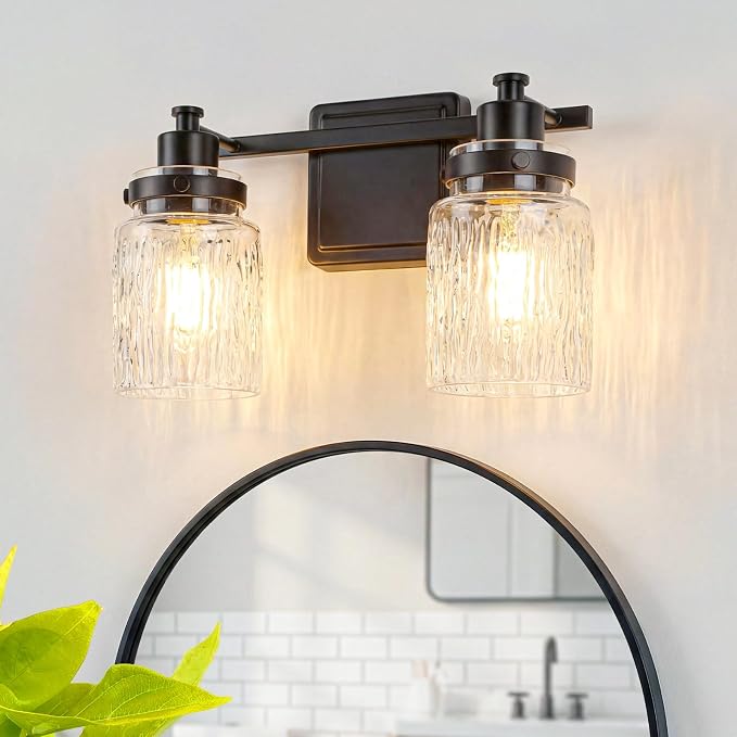 2 Light Bathroom Light Fixtures Farmhouse Black Vanity Lights | ETL Certificate, Easy to Install,Wall Mount Up or Down,Hammered Glass Lampshade,E26 Socket,Hardwired,120V