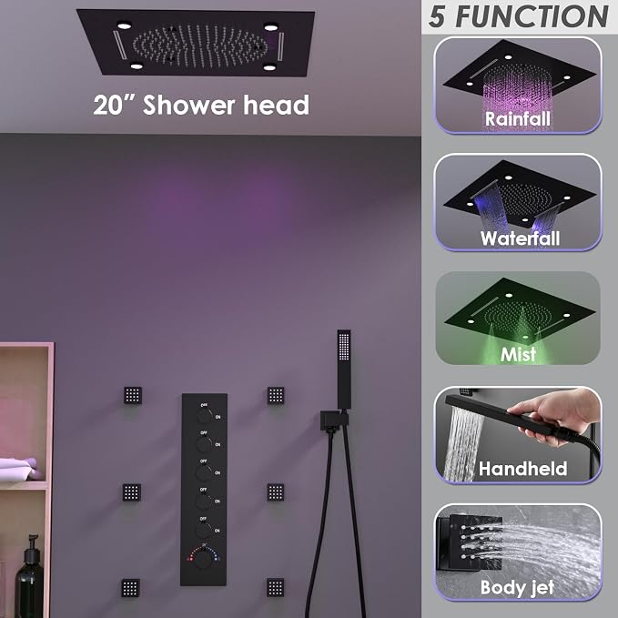 Enga Full Body LED Thermostatic Shower System with Body Jets, 20-Inch 3 Function Shower Head (Rainfall & Mist & Waterfall), Luxury Multi Function Rain Shower Faucet Set, Matte Black