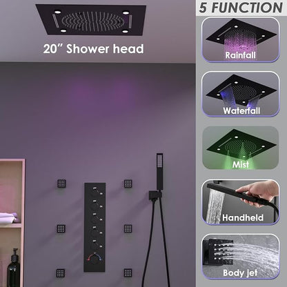 Enga Full Body LED Thermostatic Shower System with Body Jets, 20-Inch 3 Function Shower Head (Rainfall & Mist & Waterfall), Luxury Multi Function Rain Shower Faucet Set, Matte Black