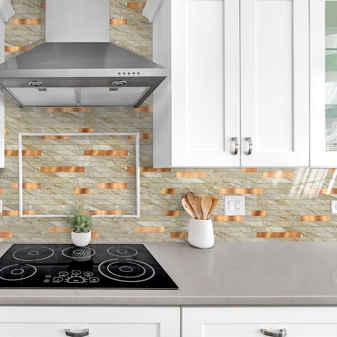 Yipscazo 20 Sheets Peel and Stick Stone Metal Tile Backsplash, Stick on Tiles for Backsplash Kitchen, Bathroom, Laundry Room, Camper, Fireplace (12'' X 12'', Polished Beige)
