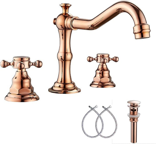 GGStudy 8-16 inch Two Handles 3 Holes Widespread Bathroom Sink Faucet Copper Basin Mixer Tap Faucet Matching Metal Pop Up Drain with Overflow