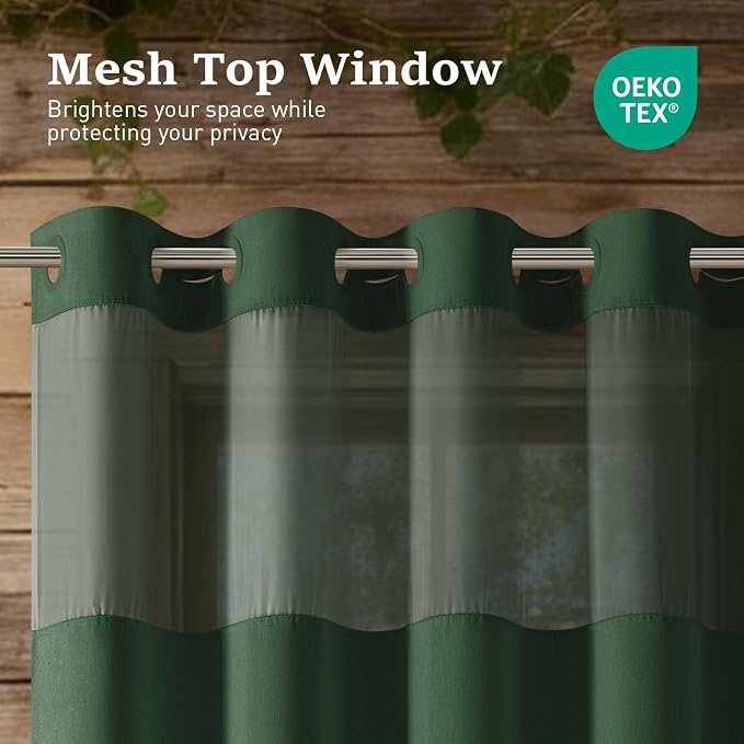 Emerald Green Ringless Linen Look Shower Curtain with Snap Liner 72x75 | 3 in 1 Modern Shower Curtain Set, Removable Liner, Waterproof & Washable, Mesh Top Window, Durable Fabric, Easy to Install