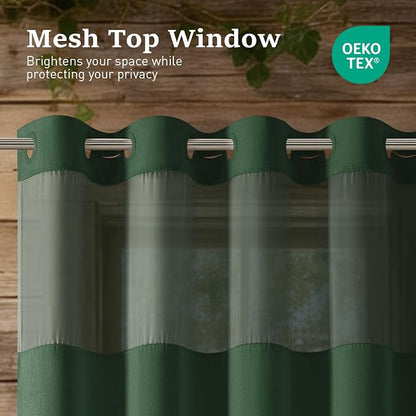 Emerald Green Ringless Linen Look Shower Curtain with Snap Liner 72x75 | 3 in 1 Modern Shower Curtain Set, Removable Liner, Waterproof & Washable, Mesh Top Window, Durable Fabric, Easy to Install
