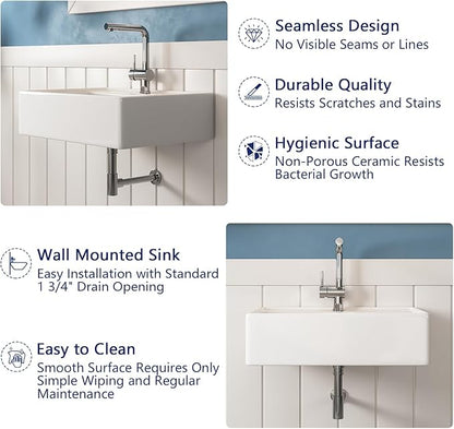 DeerValley 23x18 Inch Wall Mounted Bathroom Sink, White Ceramic Rectangular Vessel Sink with Overflow and Faucet Hole, Art Sink, DV-1WS0127