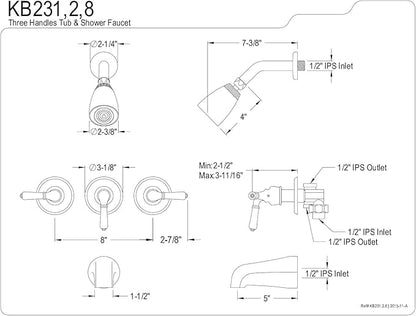 Kingston Brass KB238 Magellan Tub and Shower Faucet with 3-Magellan Handle, Brushed Nickel,5-Inch Spout Reach
