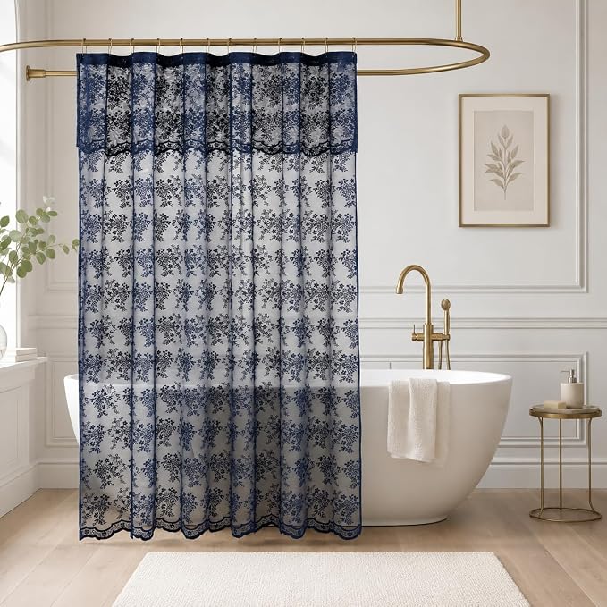 TUDECO Navy Blue Lace Shower Curtain with Attached Valance, 72 x 72 Inch | Retro Floral, Masculine Bathroom Curtain, Moody, Scalloped Edges, Lets Light In, Reinforced Holes, Machine Washable