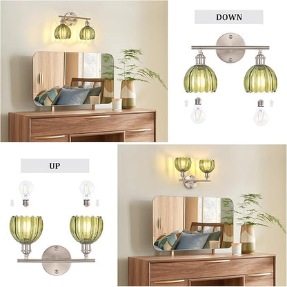 Bathroom Light Fixtures, 2-Light Vanity wall Light Over Mirror with Green Tulip Glass Shade for Bedroom Living Room (Bulb Not Included), Satin Nickel