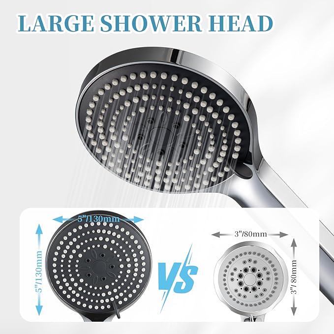OFFO Handheld Shower Head Set, 6-Mode High Pressure Handheld Sprayer with 60 in Stainless Steel Shower Hose, High Flow Large Powerful Boosting Handheld Showerhead for Low Water Pressure, Chrome