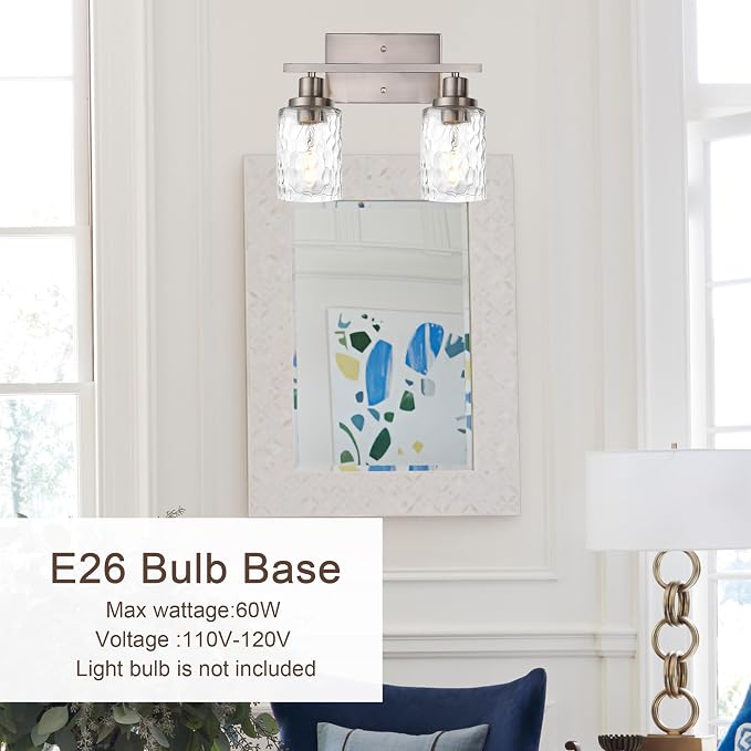 MELUCEE Indoor Wall Sconces Brushed Nickel with Clear Hammered Glass | 2-Light Modern Bathroom Vanity Light Wall Mount Lamp for Mirror Powder Room Dressing Table (Patent No.: US D963914 S)