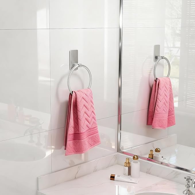 STWWO Brushed Nickel Towel Ring, Hand Towel Holder for Bathroom, 2 Pack | Self Adhesive Hand Towel Rings for Bath RV Kitchen, No Drill Hole, Silver