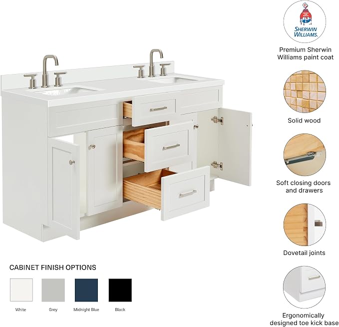 Bradford 66" White Double Bathroom Vanity with 1.5" Pure White Quartz Countertop, Rectangular Undermount Sinks, 2 Soft Closing Doors, 3 Dovetail Drawers