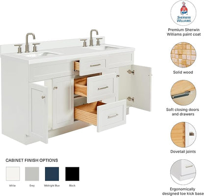 Bradford 66" White Double Bathroom Vanity with 1.5" Pure White Quartz Countertop, Rectangular Undermount Sinks, 2 Soft Closing Doors, 3 Dovetail Drawers