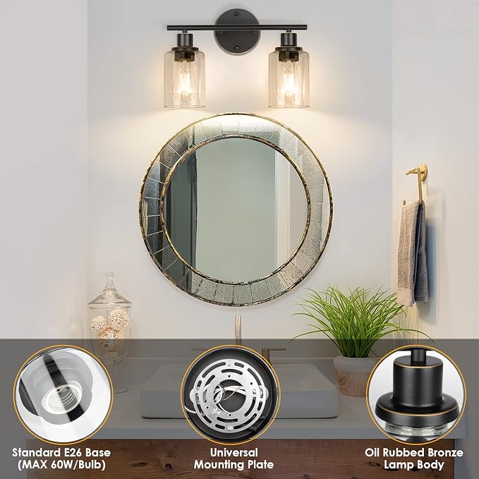 Bathroom Light Fixtures, 2 Light Vanity Light, Wall Sconces Lighting | Modern Bath Wall Mounted Light with Glass Shade, Porch Wall Lamp for Mirror, Living Room, Bedroom, Hallway, Oil Rubbed Bronze
