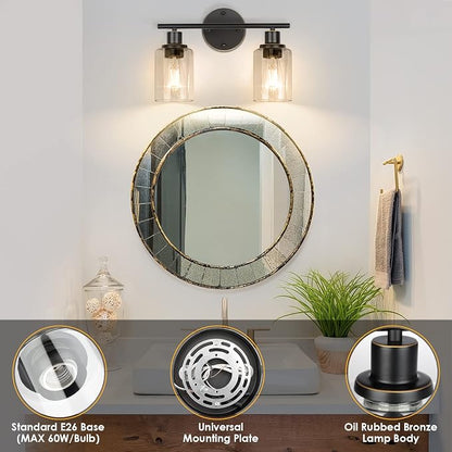 Bathroom Light Fixtures, 2 Light Vanity Light, Wall Sconces Lighting | Modern Bath Wall Mounted Light with Glass Shade, Porch Wall Lamp for Mirror, Living Room, Bedroom, Hallway, Oil Rubbed Bronze