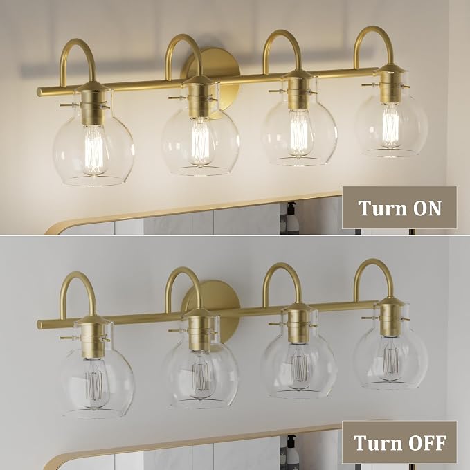 4 Lights Bathroom Vanity Light Fixtures Over Mirror Modern Gold | Wall Sconce,Brass Gold Painted,Globe Glass Shade,E26 Base,UL Certified,Anti-Rust,Damp Rated,Bathroom Bedroom Living Room
