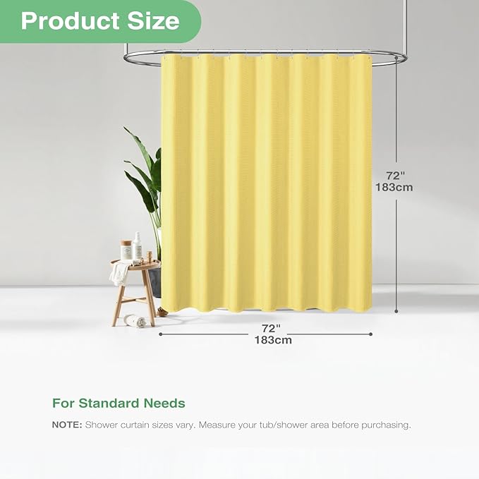 Waffle Shower Curtain 256 GSM Heavy Duty Fabric 72"x72" Yellow | Thick Textured Cloth, Weighted Hem, Water Repellent Washable, Hotel Luxury Polyester Shower Curtain Set for Bathroom 12 Hooks