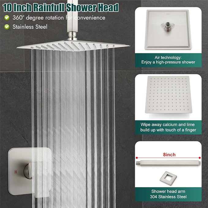 Heyalan 10-Inch Ceiling Mount Shower Faucet Set with Valve, Brushed Nickel | Rainfall shower head, ceiling-mount design, SUS304 steel, adjustable angle, single-handle control
