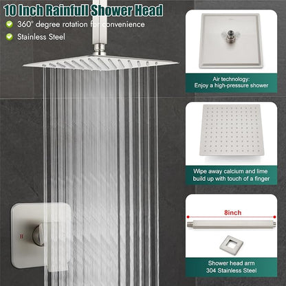 Heyalan 10-Inch Ceiling Mount Shower Faucet Set with Valve, Brushed Nickel | Rainfall shower head, ceiling-mount design, SUS304 steel, adjustable angle, single-handle control