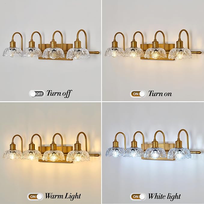 UOFUS 4-Light Gold Vanity Light Vintage Bathroom Lighting Fixtures | Over Mirror with Clear Glass Shade