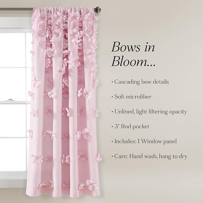 Lush Decor Riley Light Filtering Window Curtain Panel, Single 54" W x 63" L, Lilac - Cute Purple Curtains for Bedroom - Bow Decor - Coquette Curtains for Windows