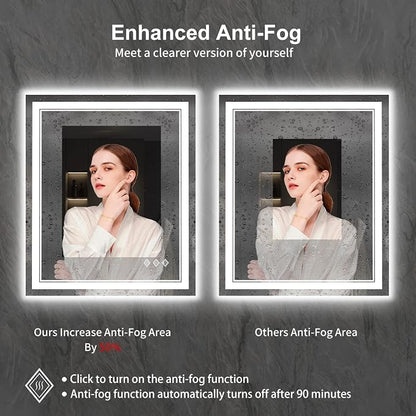 Lighted Mirror, 30x36 Inch Gradient Front and Backlit LED Mirror, 3 Colors Dimmable CRI>90 Double Lights, IP54 Enhanced Anti-Fog, Hanging Plates Wall Mount LED Bathroom Mirror