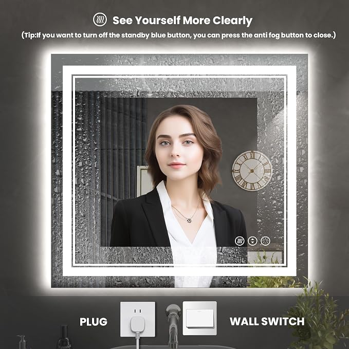 40x38 Inch LED Bathroom Mirror with Lights | Front and Backlit, 3 Colors, Dimmable, Memory, Anti Fog, Shatterproof, Horizontal/Vertical, Lighted Mirrors for Bathroom Wall