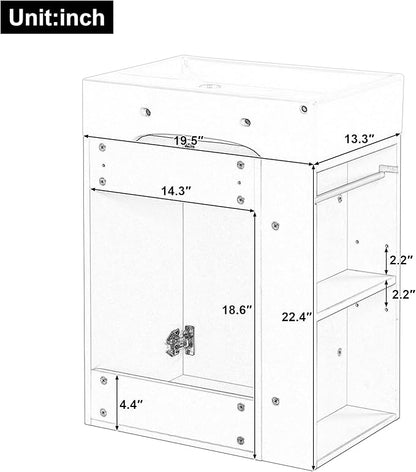 20" Floating Bathroom Vanity with Sink, Soft Closing Door,and Storage Shelves, Solid Wood Frame & MDF Modern Single Small Bathroom Vanity Cabinet with Open Shelf,Wall Mounted (White)