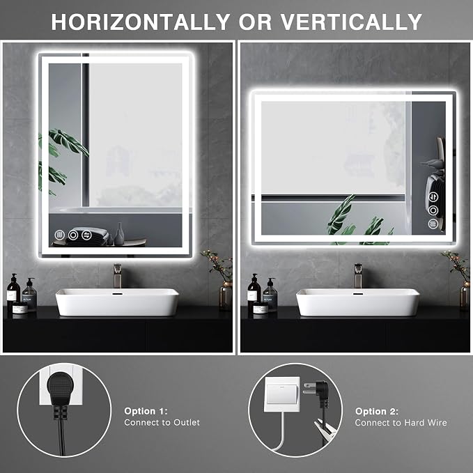 28" x 36" LED Bathroom Mirror with Lights, Memory Vanity Mirror | Anti-Fog, 3 Color Modes, Dimmable, Front Lit, Memory Function, Tempered Glass, Lighted Bathroom Mirror for Wall