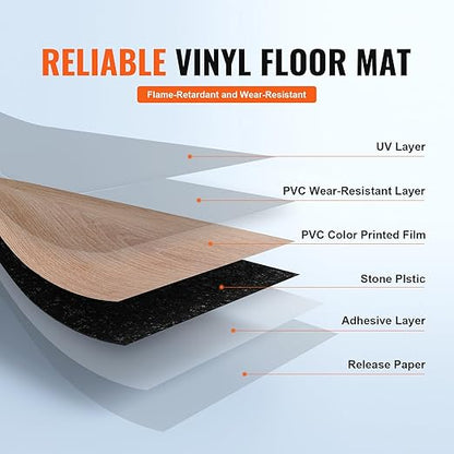VEVOR Self Adhesive Vinyl Floor 36 x 6 inch, 36 Tiles 2.5mm Thick Peel and Stick Floor Tile Home Decor Natural Wood Grain DIY Flooring for Kitchen, Dining Room, Bedrooms & Bathrooms(54 Sq.Ft)