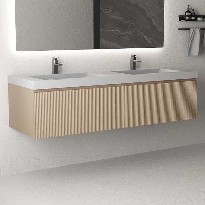 60 Inch Floating Bathroom Vanity with Double Sinks, Wall-Mounted Striped Storage Cabinet with Soft-Close Drawer, Glossy White Solid Surface Basin, Fully Assembled, Natural Oak Finish