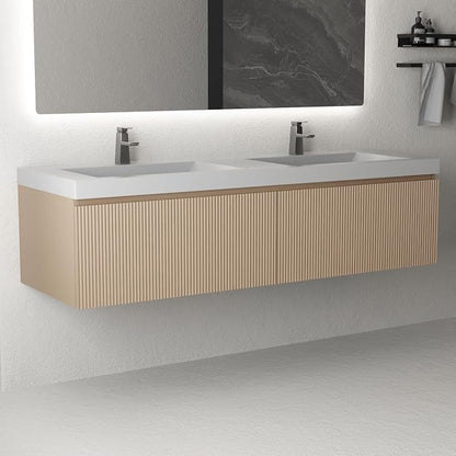 60 Inch Floating Bathroom Vanity with Double Sinks, Wall-Mounted Striped Storage Cabinet with Soft-Close Drawer, Glossy White Solid Surface Basin, Fully Assembled, Natural Oak Finish
