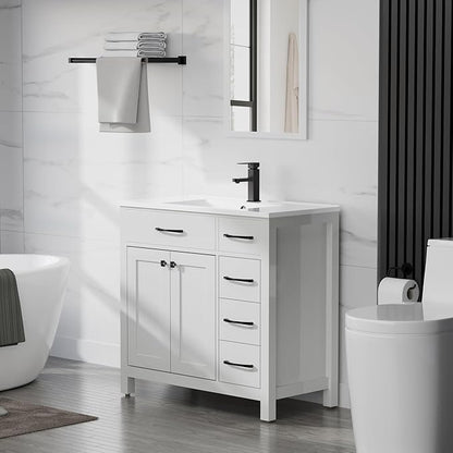 LUCKWIND 36" Bathroom Vanity with Sink Combo, Painted Modern Bathroom Storage Cabinet with Large Sink, Two Doors and Three Drawers, Include Faucet Without Mirror, White