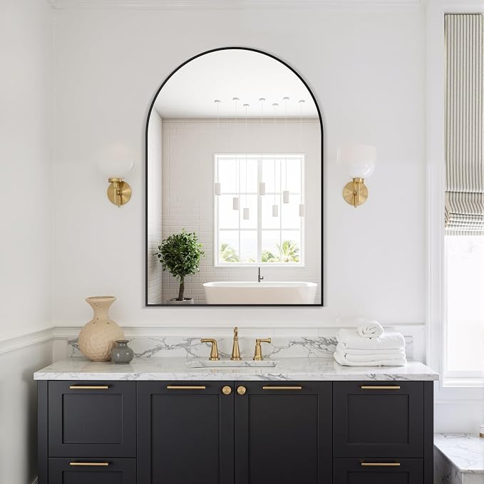Arched Bathroom Mirror, 26"x38", Black | Wall Mounted, Vanity Mirror, For Bedroom, Living Room and Entryway