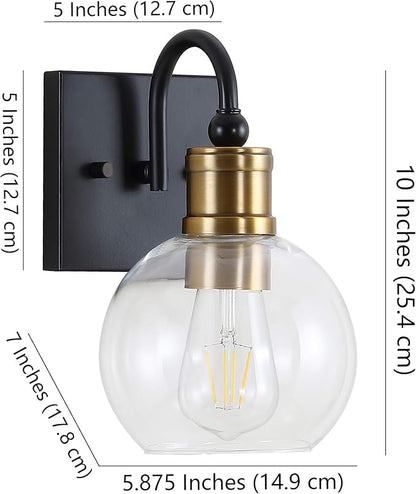 JONATHAN Y 5.88" Black/Brass Gold 1-Light Vintage Wall Sconce, LED Vanity Light for Bathroom Bedroom Entryway, Clear Glass Globe Shade, Modern Industrial Arched Lamp, LED Bulb Included JYL3526A