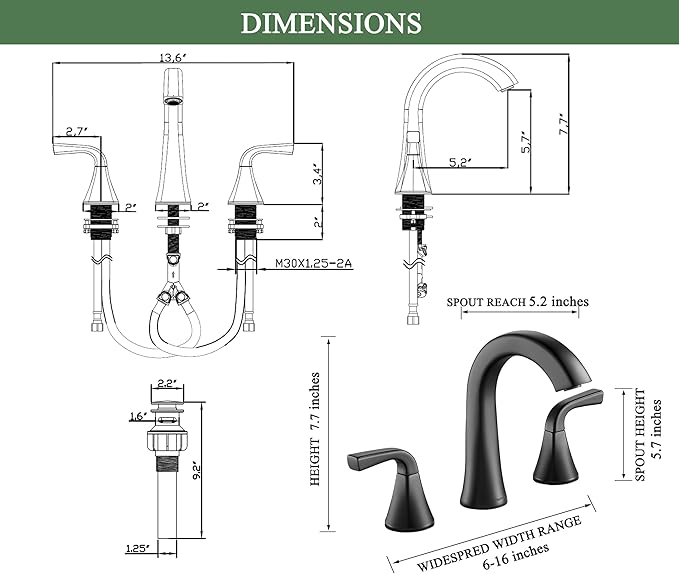 Matte Black Bathroom Sink Faucet, 2 Handle 8 inch Widespread Bathroom Faucet with Pop-up Drain and Water Supply Hose, Lavatory Vanity Faucets, TAF826-MB