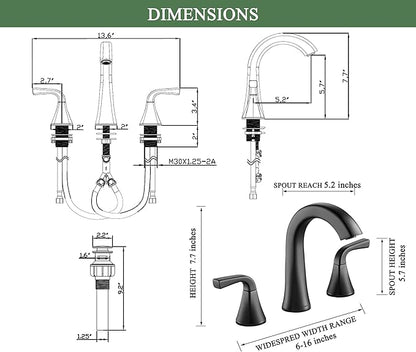 Matte Black Bathroom Sink Faucet, 2 Handle 8 inch Widespread Bathroom Faucet with Pop-up Drain and Water Supply Hose, Lavatory Vanity Faucets, TAF826-MB