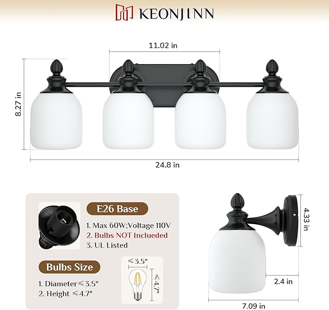 Keonjinn 4-Light Bathroom Light Fixtures, Black Vintage Vanity Lights for Mirror with Frosted Glass Shades, UL Listed E26 Base(Bulbs Not Included), Reversible Vanity Lighting Fixtures for Bathroom