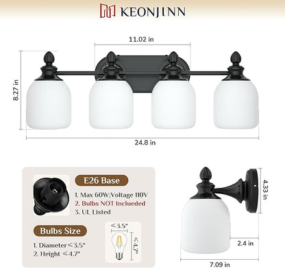 Keonjinn 4-Light Bathroom Light Fixtures, Black Vintage Vanity Lights for Mirror with Frosted Glass Shades, UL Listed E26 Base(Bulbs Not Included), Reversible Vanity Lighting Fixtures for Bathroom