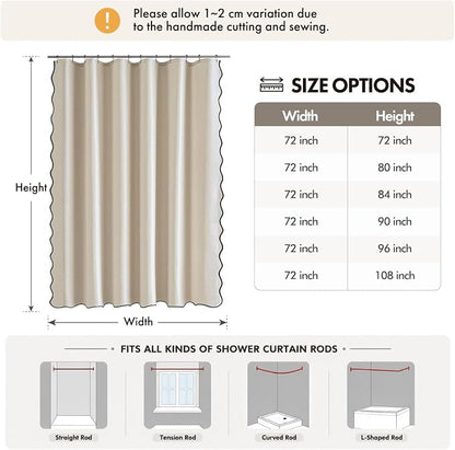 ANRODUO Cream Beige Scalloped Linen Textured Shower Curtain, W72 x L90 | Boho Farmhouse Shower Curtain with 12 Metal Hooks, Machine Washable Waterproof Heavy Duty Fabric for Bathroom Bathtub