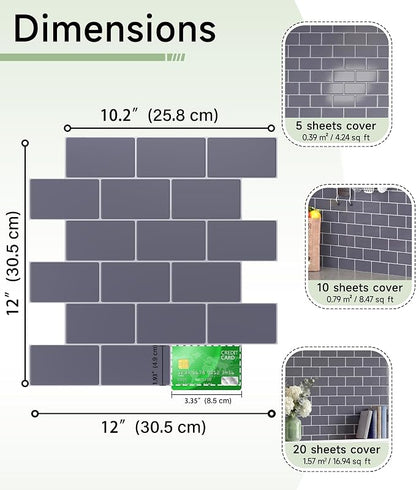 Peel and Stick Backsplash for Kitchen: Self Adhesive Wall Tiles for Bathroom - Vinyl Thick Back Splash Tile (10, Dark Gray)
