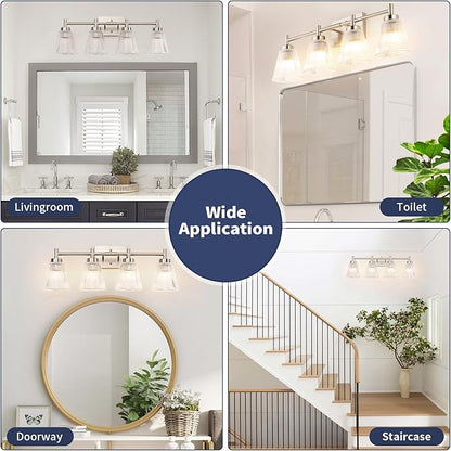 OCIOC 4-Light Vanity light fixtures, Brushed Nickel Vanity lights over mirror makeup light wall sconces with clear Striped glass shade, Bathroom lighting fixtures for Living room, Bedroom, Kitchen