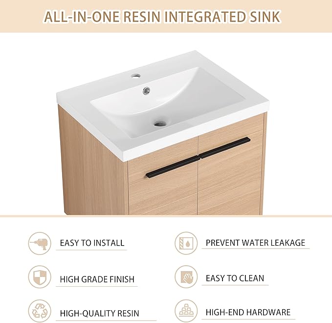 24" Floating Bathroom Vanity,24 Inch Bathroom Vanity with Sink,Single Sink Wall Mounted Vanity Combo,Brown Wall Mounted Cabinet Set