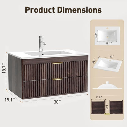 30 Inch Floating Bathroom Vanity Without Sink, Bathroom Wall Cabinet with 2 Fluted Drawers & Metal Handle, Wall Mounted Cabinet for Bathrooms (Brown, 30 inch, Without Sink)