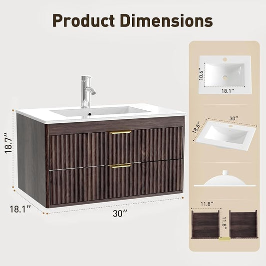 30 Inch Floating Bathroom Vanity with Sink, Bathroom Wall Cabinet with 2 Fluted Drawers & Metal Handle, Wall Mounted Cabinet for Bathrooms (Brown, 30 inch, with Sink)