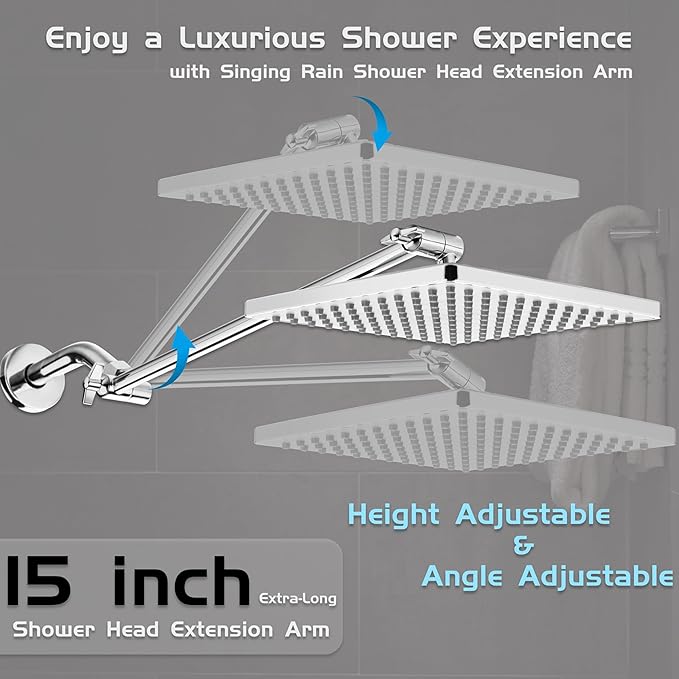 Rain Shower Head, 8'' High Pressure Rainfall Square Showerhead with 15'' Shower Head Extension Arm, 304 Stainless Steel Adjustable Shower Arm Extender, Rainfall Waterfall Fixed Showerheads, Chrome