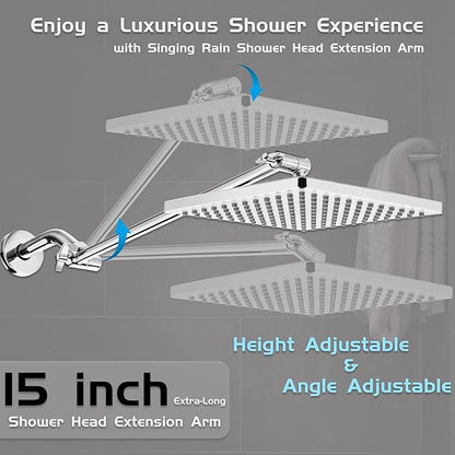 Rain Shower Head, 8'' High Pressure Rainfall Square Showerhead with 15'' Shower Head Extension Arm, 304 Stainless Steel Adjustable Shower Arm Extender, Rainfall Waterfall Fixed Showerheads, Chrome