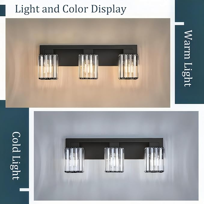 3-Light Modern Bathroom Light Fixtures, Black Vanity Light Over Mirror | Bathroom Vanity Wall Light with Square Crystal Shades, Vanity Lights for for Mirror, Bathroom, Restroom, E26 Socket, ETL