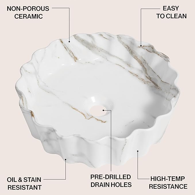 JONATHAN Y SNK1005C 15" Round Bathroom Vessel Sink, Art Deco Scallop Above Counter Vanity Sink, White Marble Finish Ceramic Basin for Modern Powder Room and Lavatory