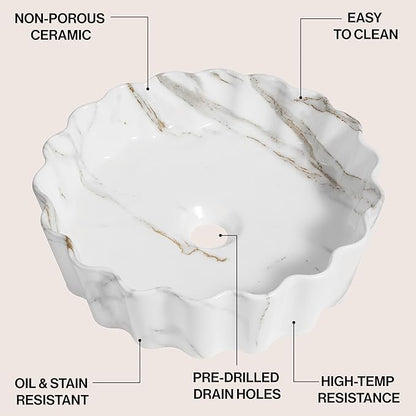 JONATHAN Y SNK1005C 15" Round Bathroom Vessel Sink, Art Deco Scallop Above Counter Vanity Sink, White Marble Finish Ceramic Basin for Modern Powder Room and Lavatory