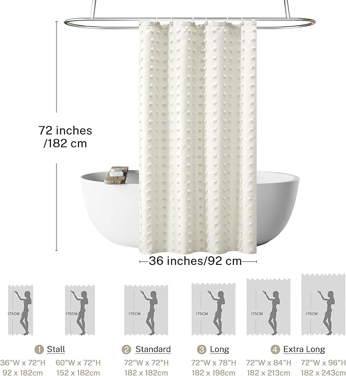 Small Stall Ivory Boho Shower Curtain Woven Fabric Cute Cream Shower Curtain, 36 x 72 Tufted Pleat Floral Textured Modern Farmhouse Minimalist Shower Curtain Set with Hooks for Bathroom